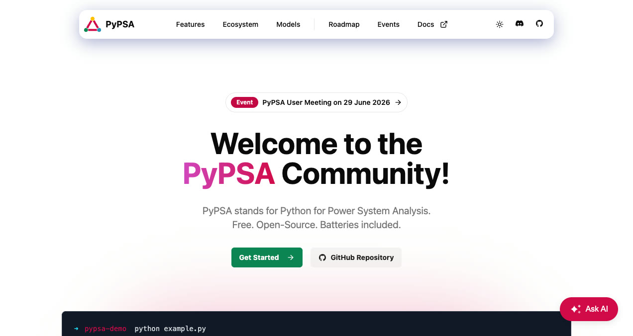 Page d'accueil de pypsa.org, avec les boutons Get Started et GitHub Repository