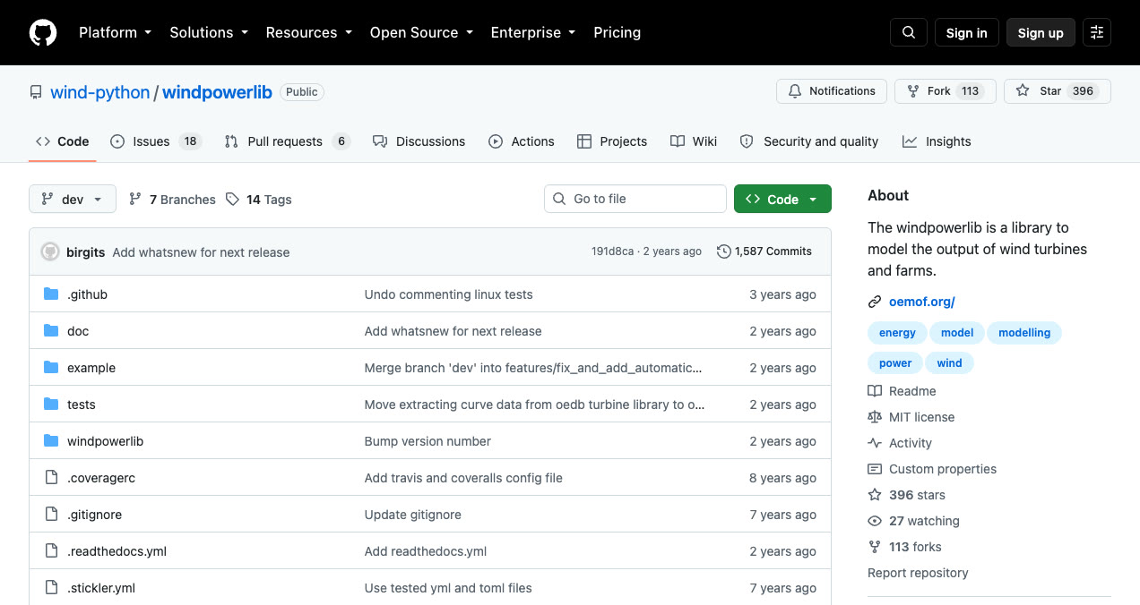 Le dépôt GitHub wind-python/windpowerlib